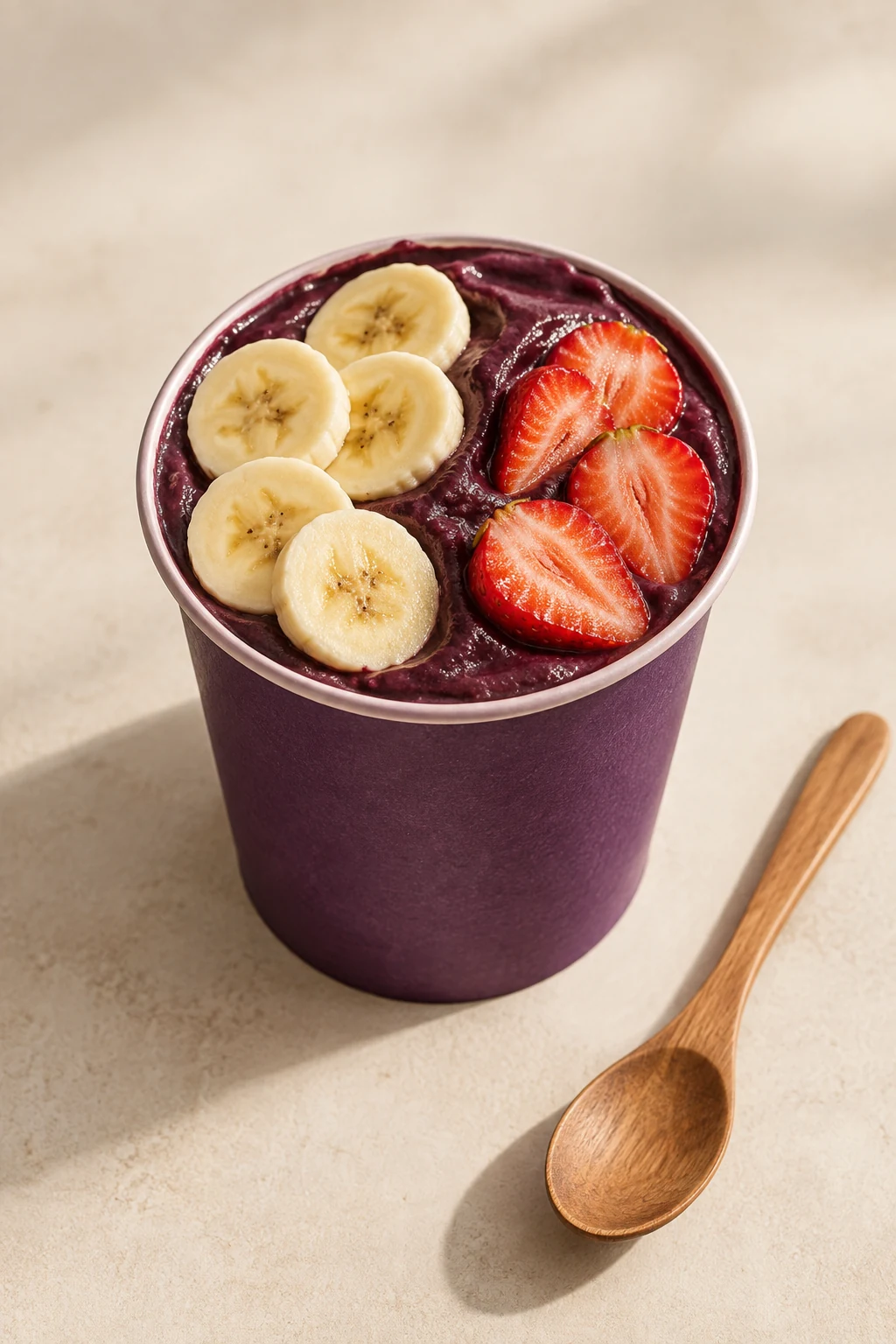 Imagem ilustrativa de açaí com morangos e banana em copo de papel, com colher de madeira